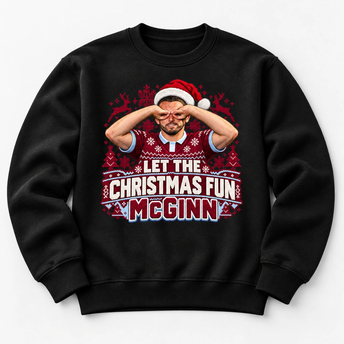 John McGinn Let the Christmas Fun McGinn Christmas jumper – Black flat lay mockup