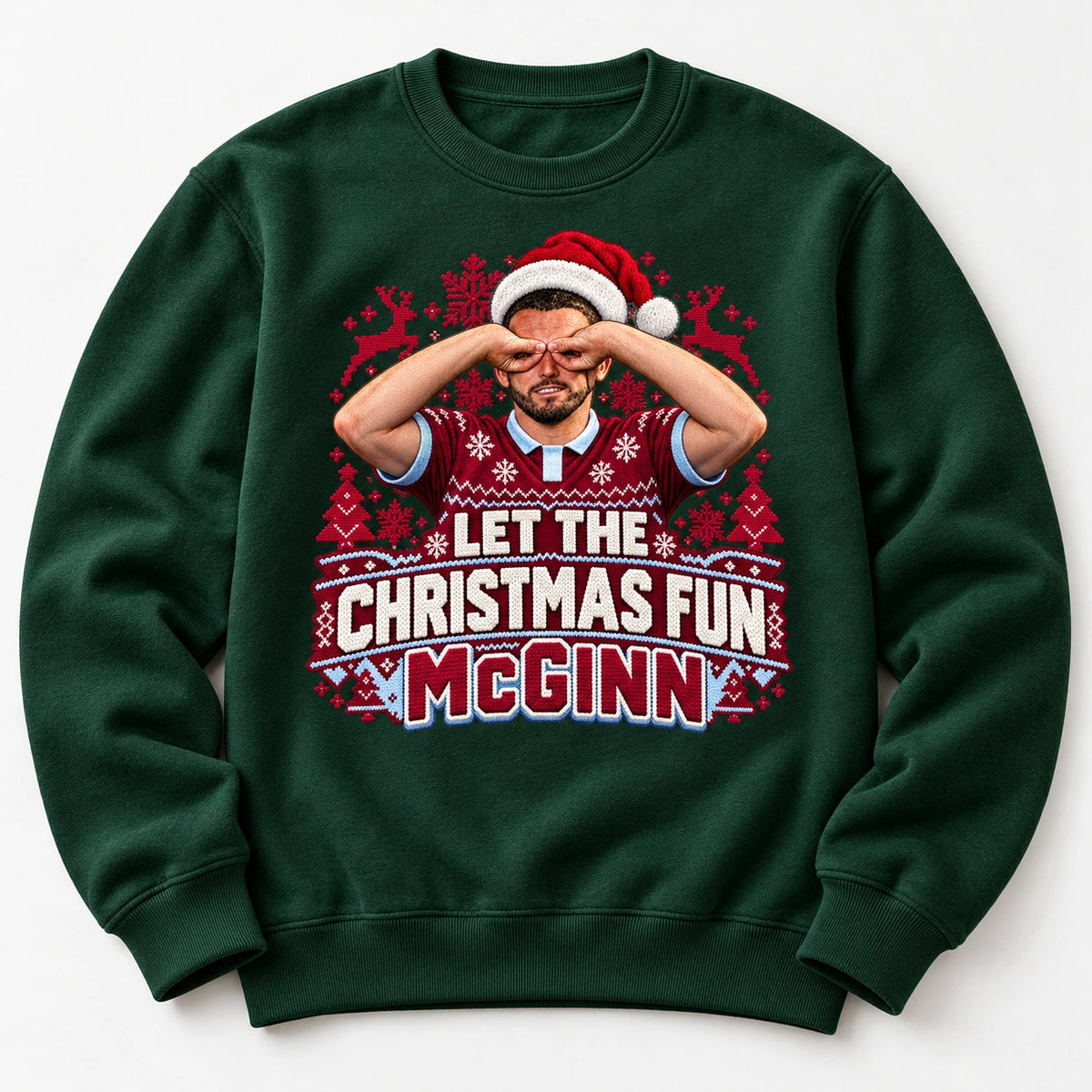 John McGinn Let the Christmas Fun McGinn Christmas jumper – Bottle Green flat lay mockup
