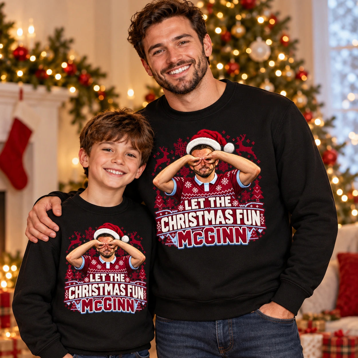 John McGinn Let the Christmas Fun McGinn Christmas jumper – Black adult and child matching mockup