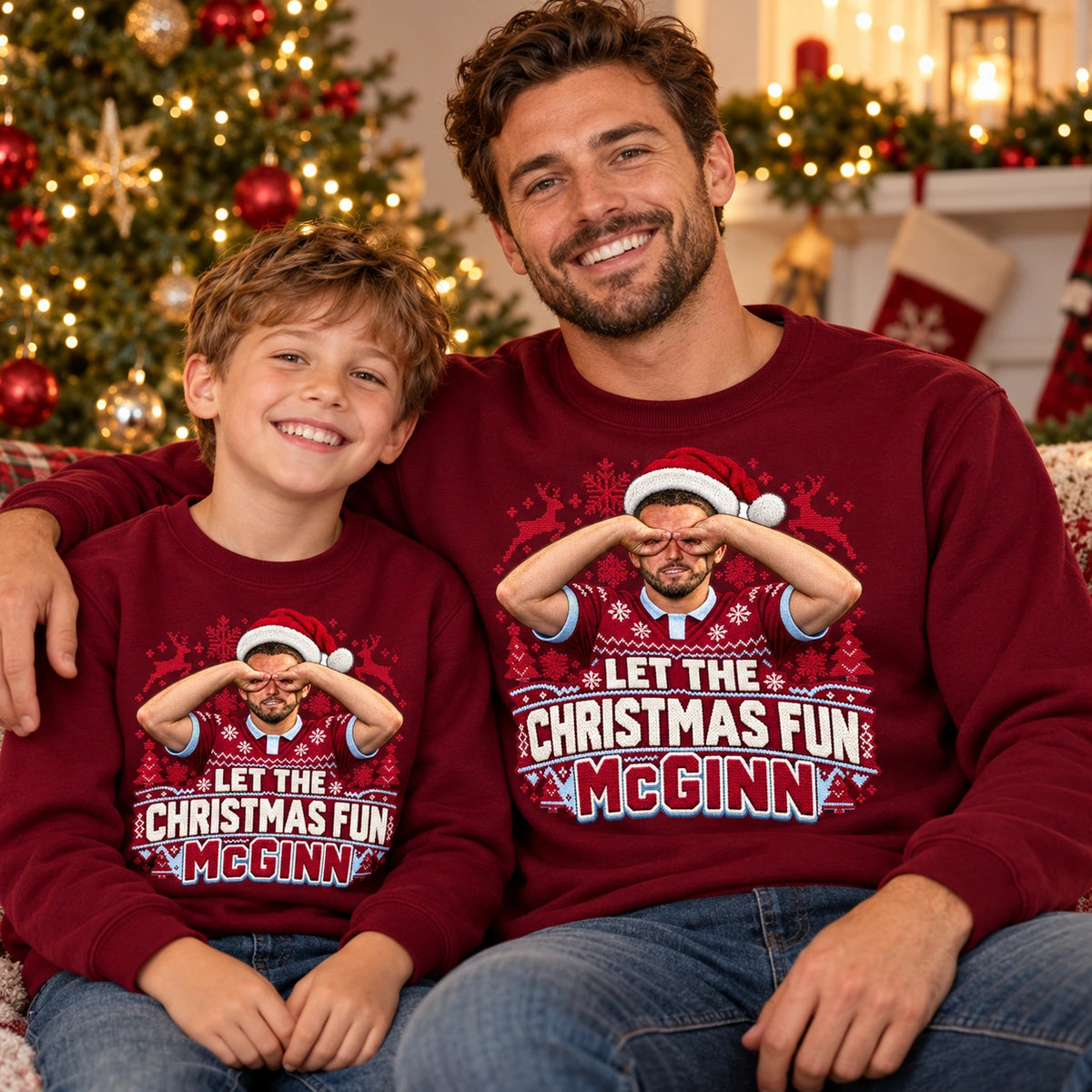 John McGinn Let the Christmas Fun McGinn Christmas jumper – Burgundy adult and child matching mockup