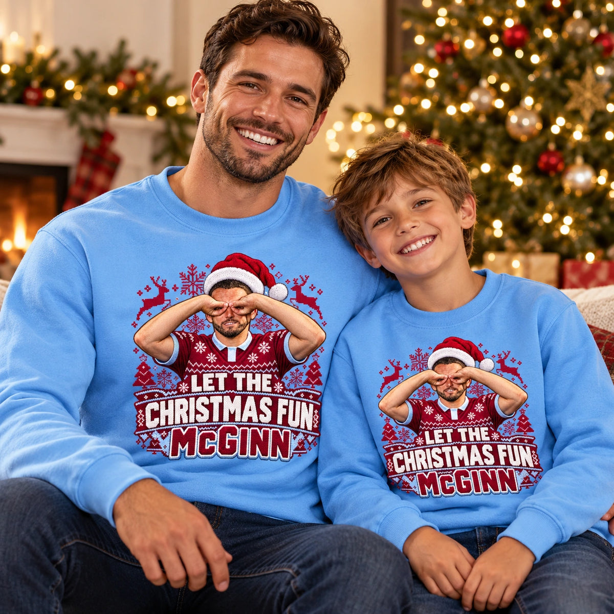 John McGinn Let the Christmas Fun McGinn Christmas jumper – Sky Blue adult and child matching mockup