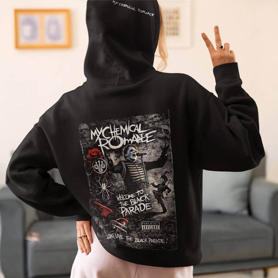 My Chemical Romance Black Parade inspired black hoodie front and back artwork