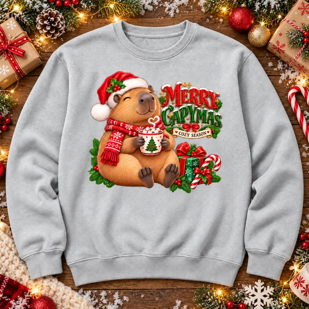 Merry Capymas cute Christmas capybara jumper flat lay in ash grey