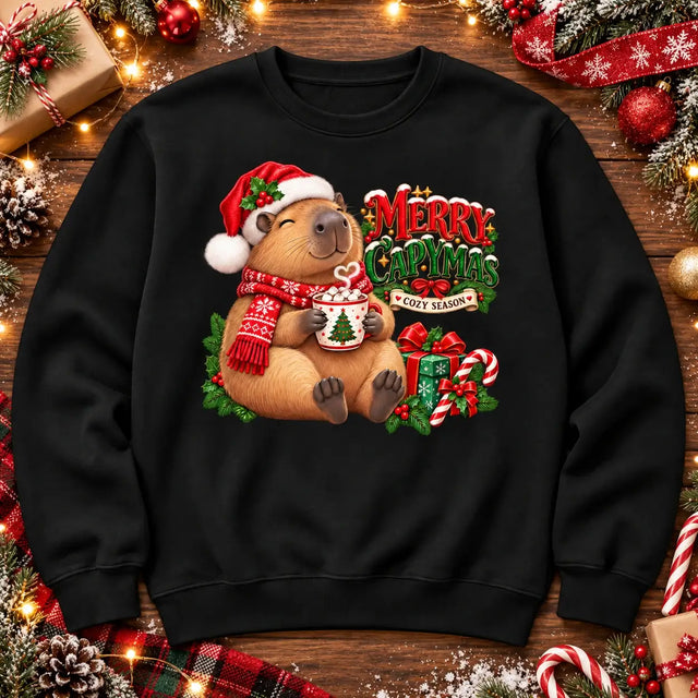 Merry Capymas cute Christmas capybara jumper flat lay in black