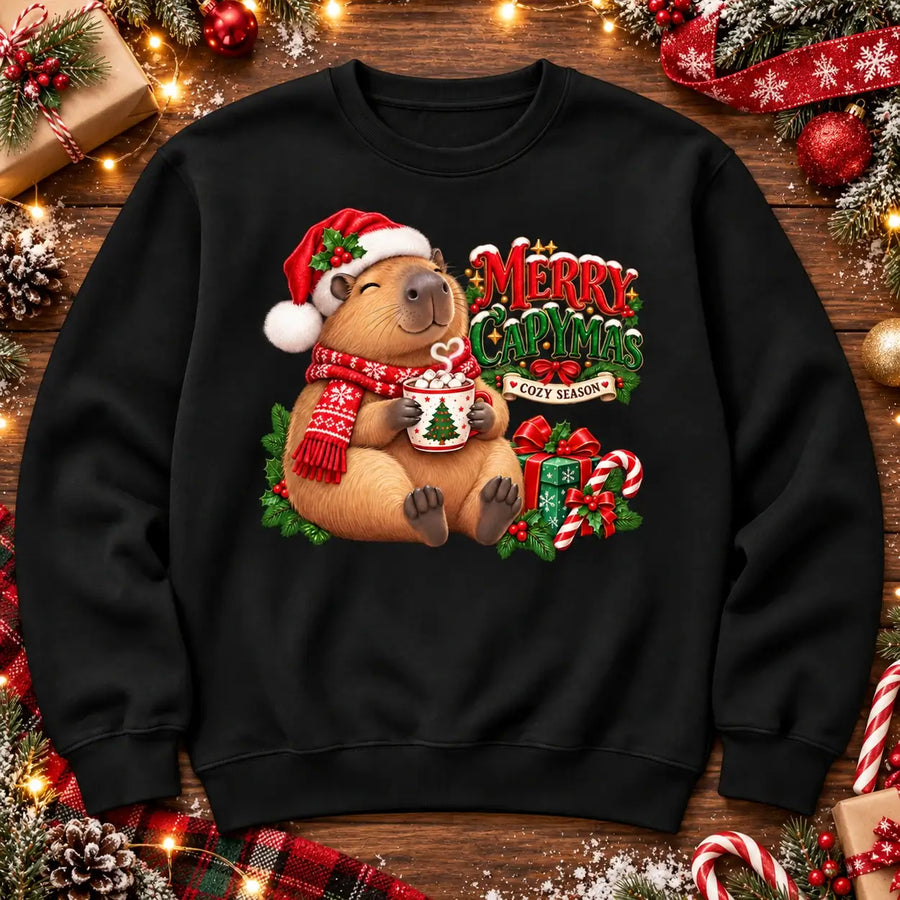 Merry Capymas cute Christmas capybara jumper flat lay in black