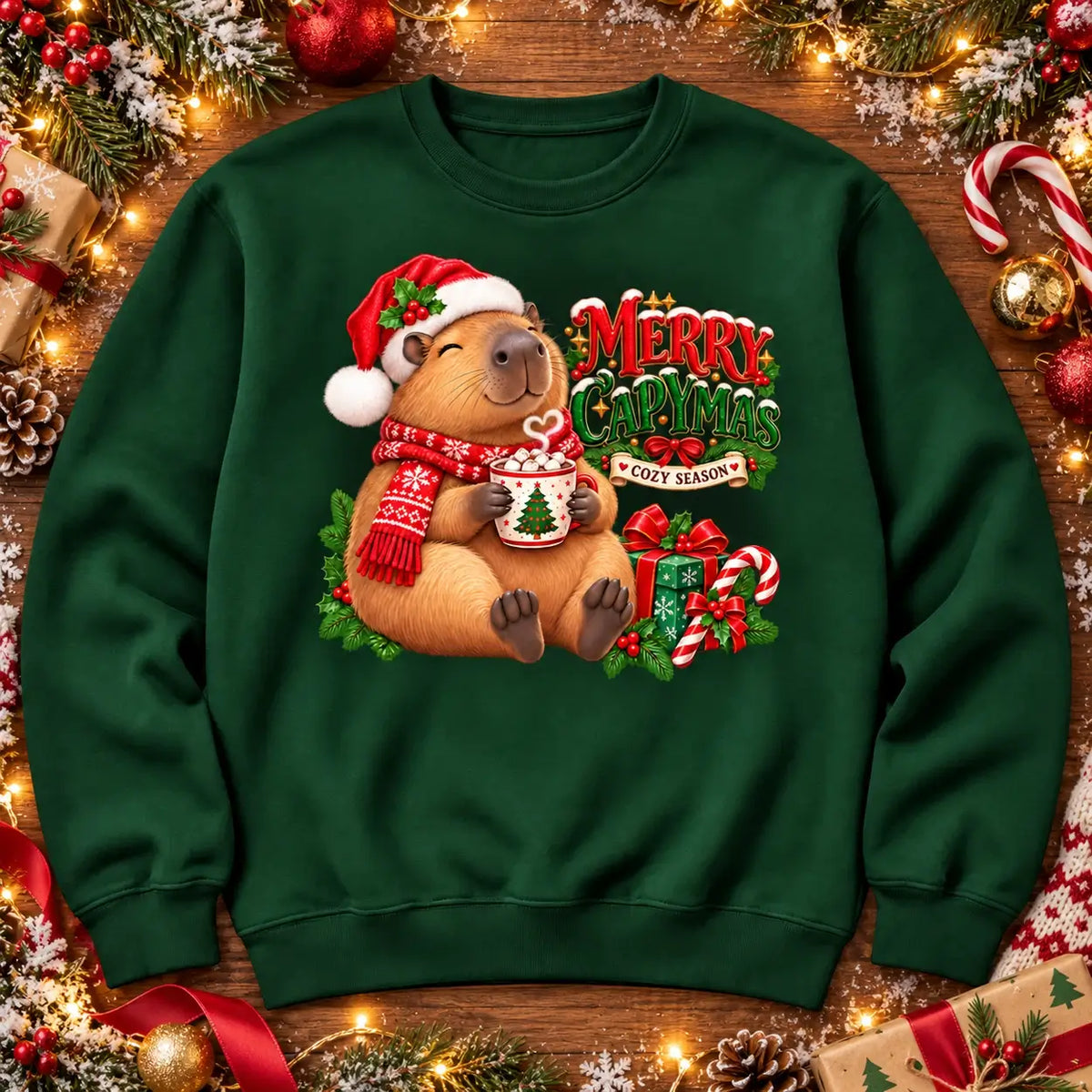 Merry Capymas cute Christmas capybara jumper flat lay in bottle green
