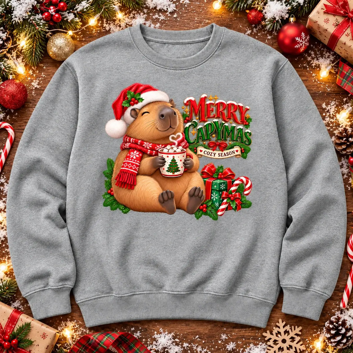 Merry Capymas cute Christmas capybara jumper flat lay in heather grey