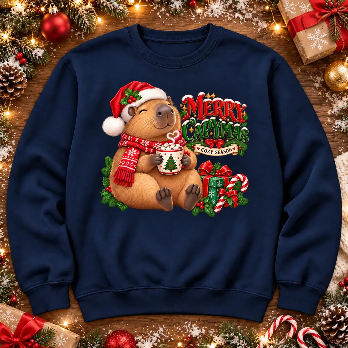 Merry Capymas cute Christmas capybara jumper flat lay in navy