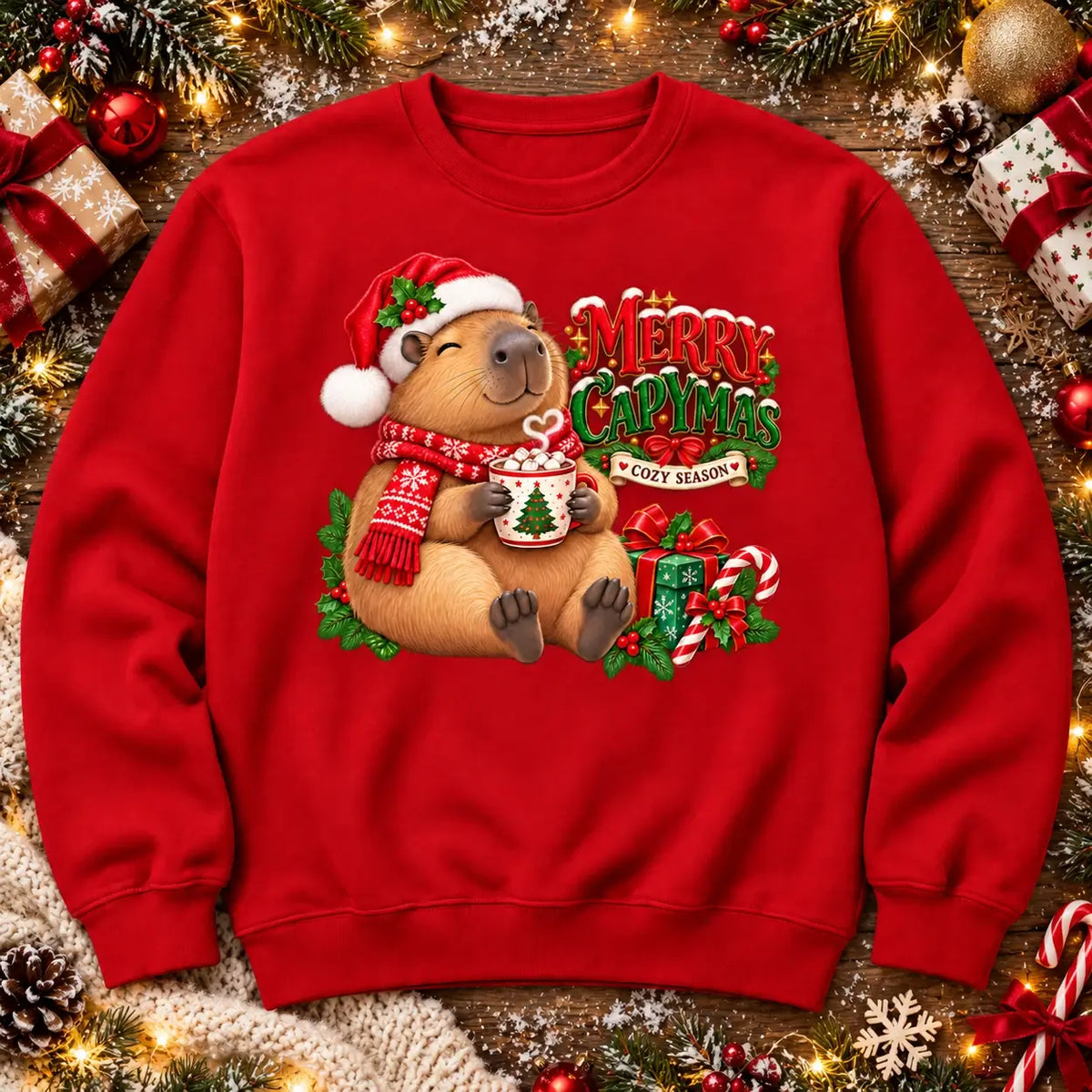 Merry Capymas cute Christmas capybara jumper flat lay in red