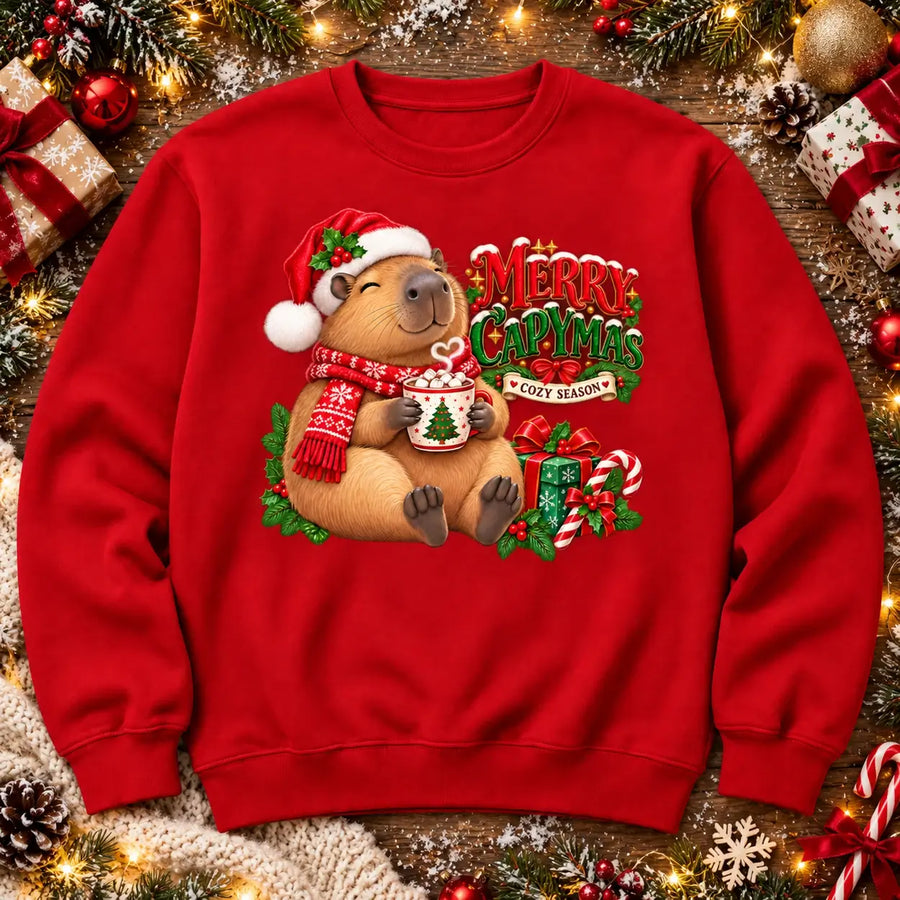Merry Capymas cute Christmas capybara jumper flat lay in red