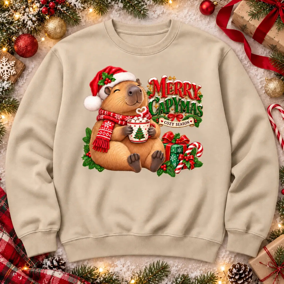 Merry Capymas cute Christmas capybara jumper flat lay in sand