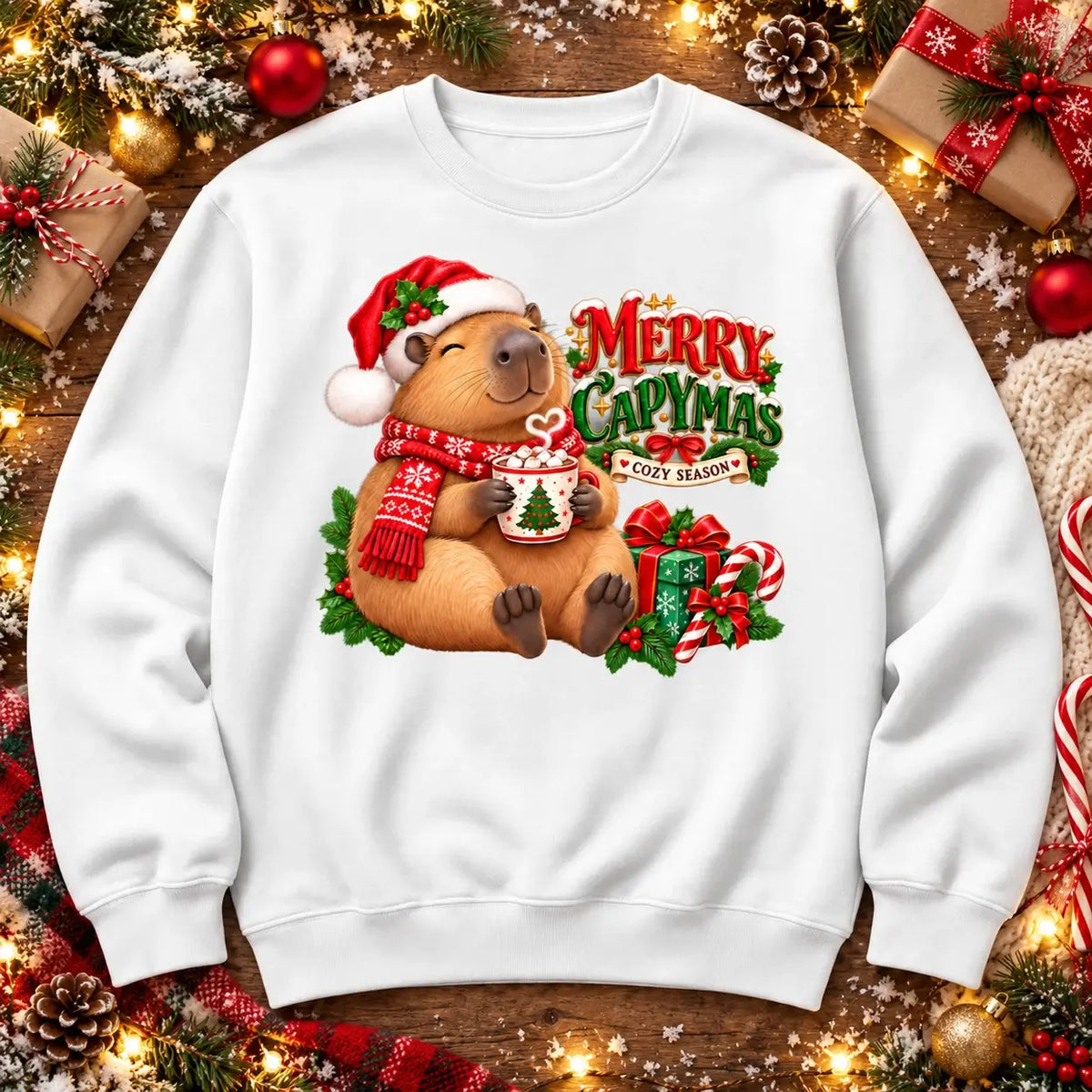Merry Capymas cute Christmas capybara jumper flat lay in white