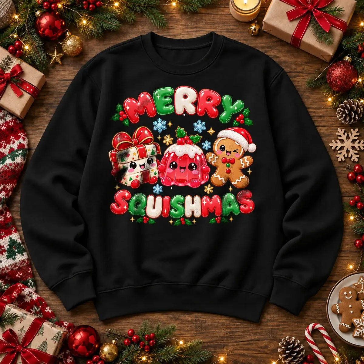Merry Squishmas Christmas Jumper – Cute Squishy Festive Sweatshirt, Black – Printora UK unisex 300gsm crew-neck Christmas sweatshirt
