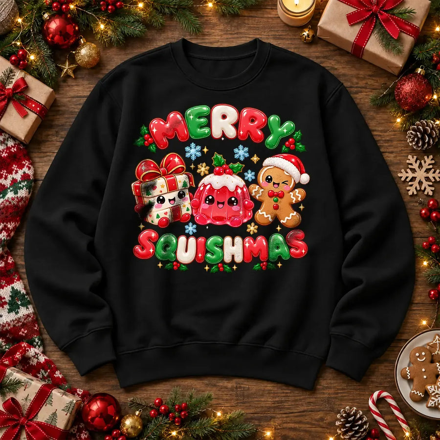 Merry Squishmas Christmas Jumper – Cute Squishy Festive Sweatshirt, Black – Printora UK unisex 300gsm crew-neck Christmas sweatshirt