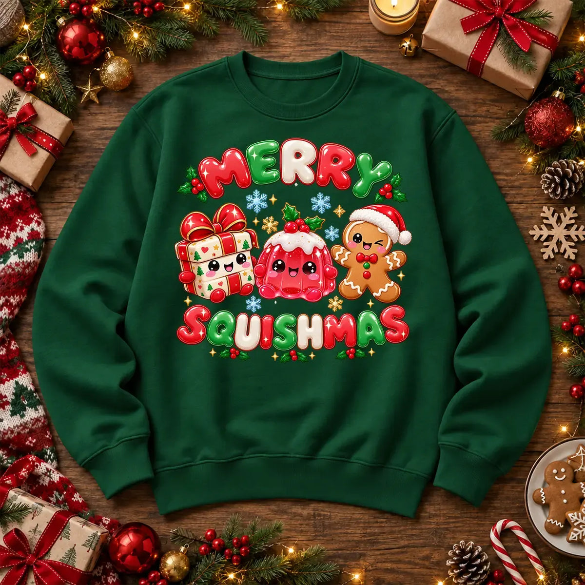 Merry Squishmas Christmas Jumper – Cute Squishy Festive Sweatshirt, Bottle Green – Printora UK unisex 300gsm crew-neck Christmas sweatshirt