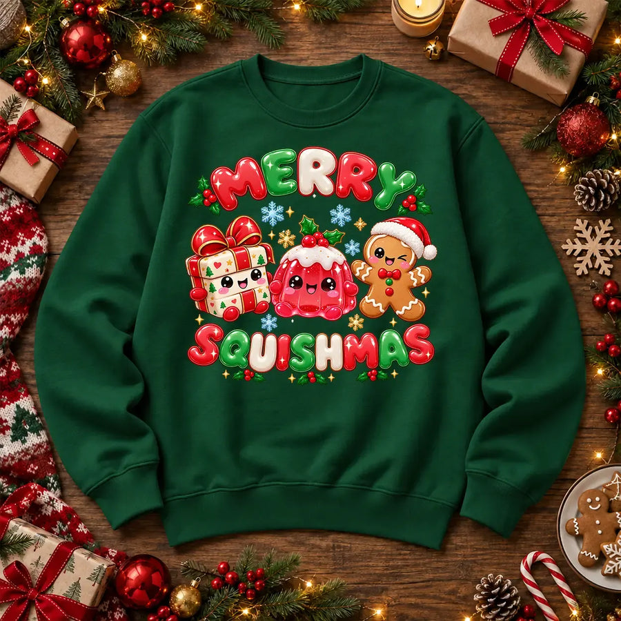 Merry Squishmas Christmas Jumper – Cute Squishy Festive Sweatshirt, Bottle Green – Printora UK unisex 300gsm crew-neck Christmas sweatshirt