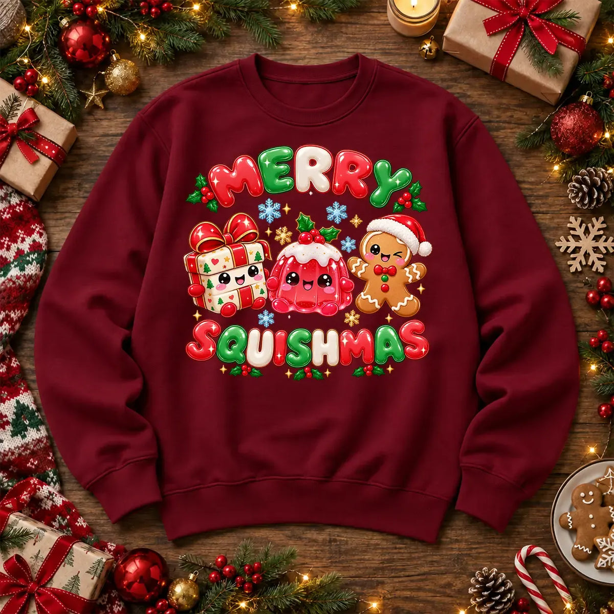 Merry Squishmas Christmas Jumper – Cute Squishy Festive Sweatshirt, Burgundy – Printora UK unisex 300gsm crew-neck Christmas sweatshirt