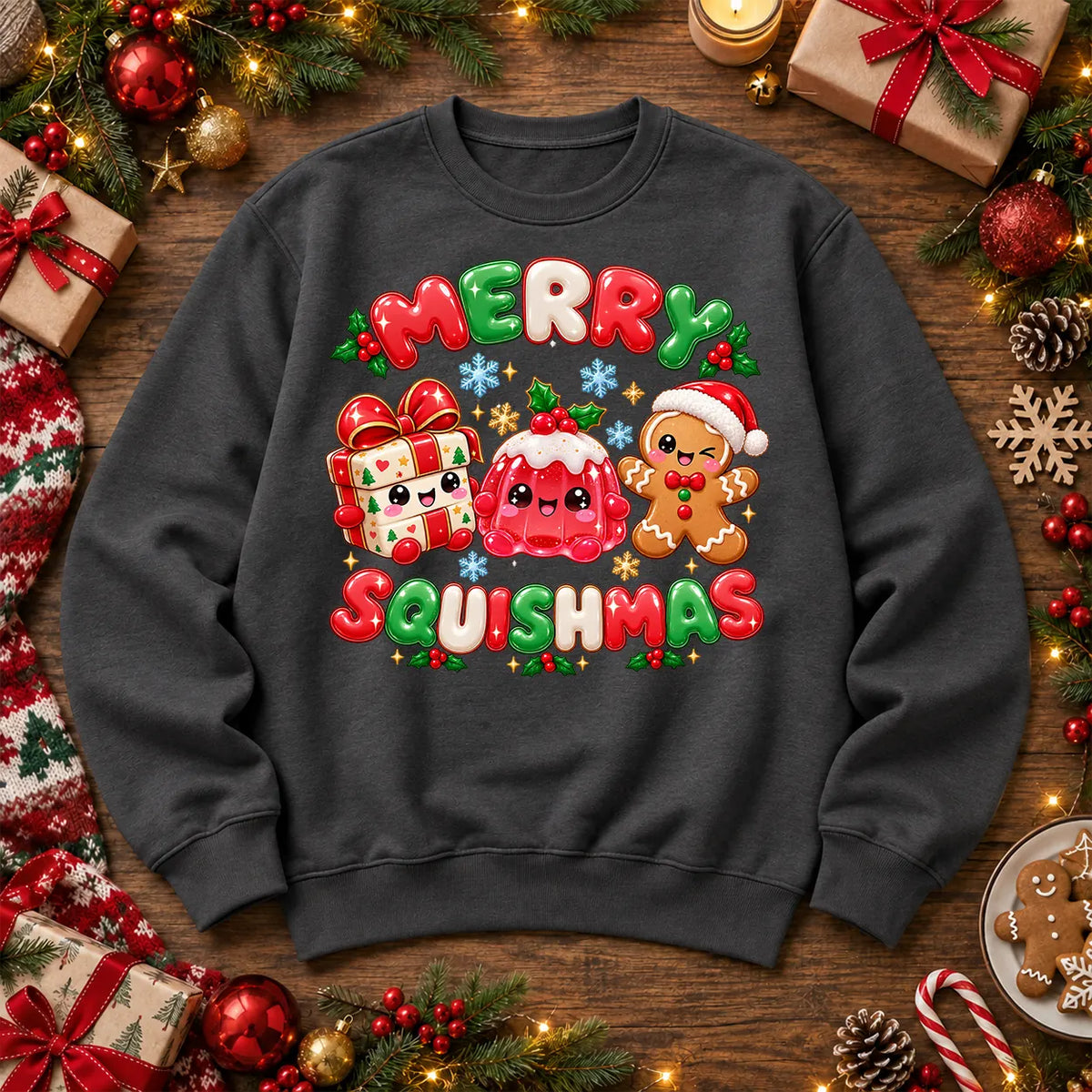 Merry Squishmas Christmas Jumper – Cute Squishy Festive Sweatshirt, Charcoal – Printora UK unisex 300gsm crew-neck Christmas sweatshirt
