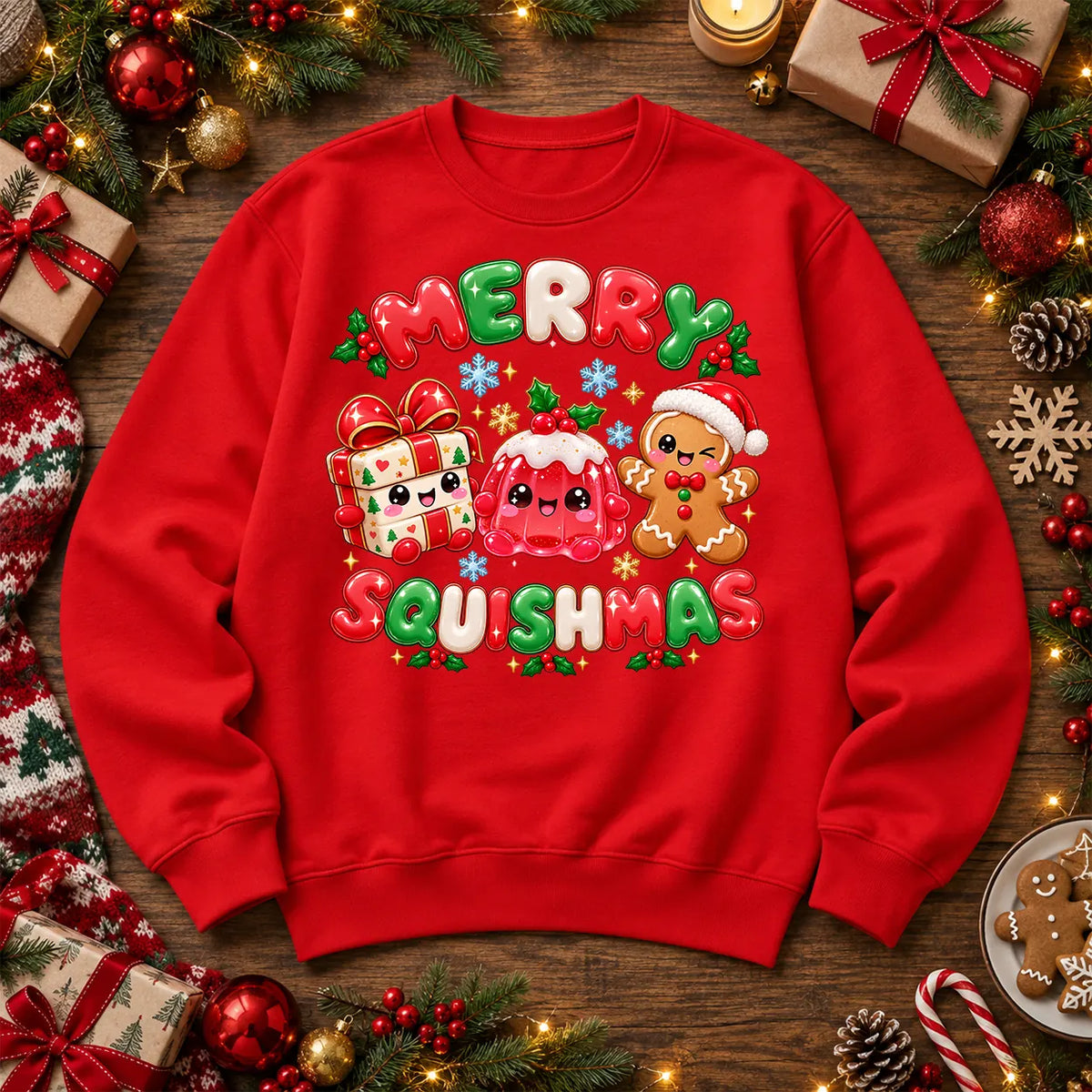 Merry Squishmas Christmas Jumper – Cute Squishy Festive Sweatshirt, Fire Red – Printora UK unisex 300gsm crew-neck Christmas sweatshirt