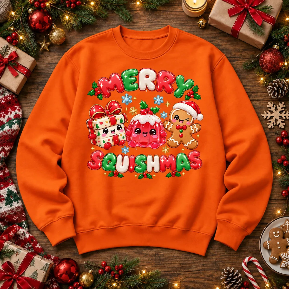 merry squishmas Christmas jumper in Orange, matching original Printora festive design