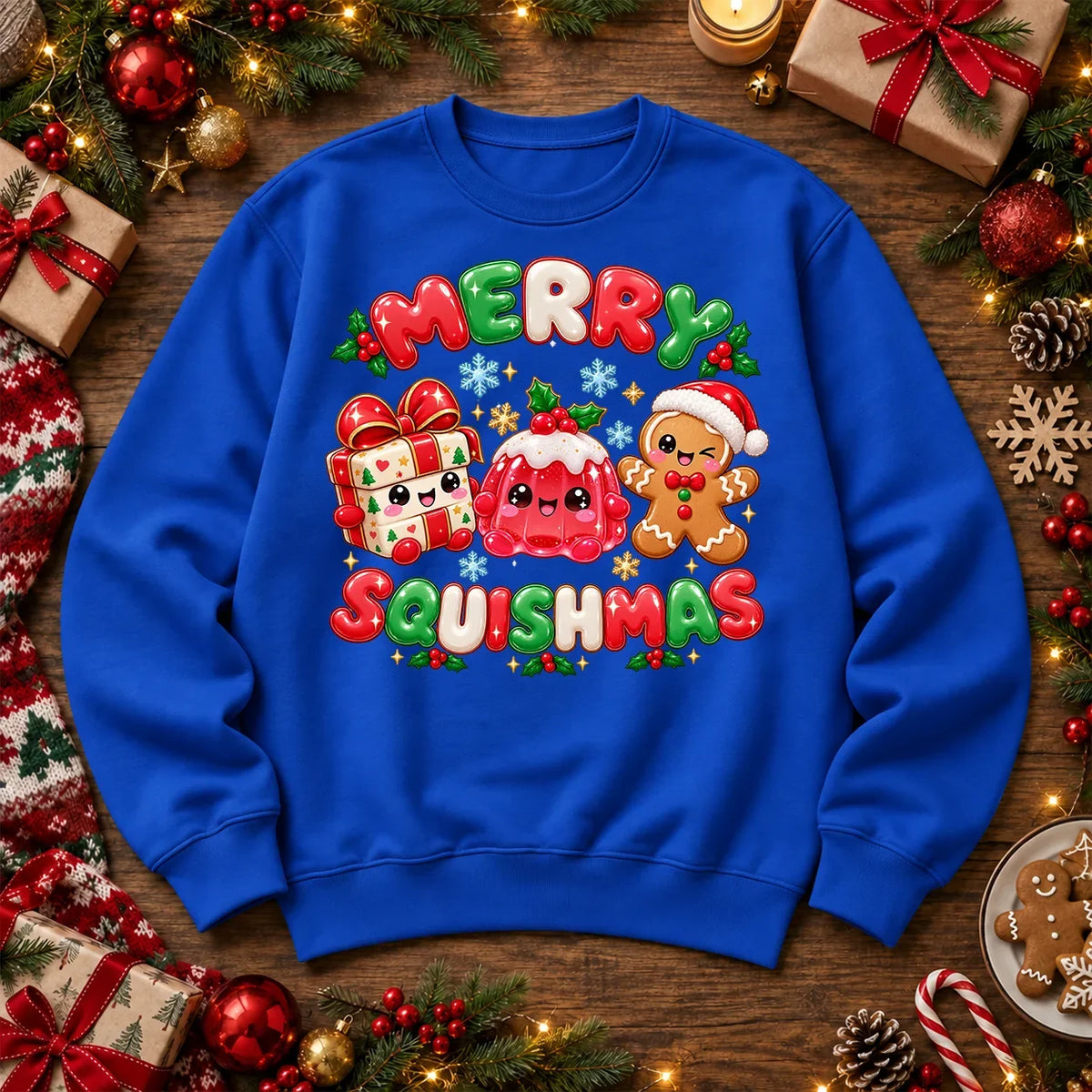 merry squishmas Christmas jumper in Royal Blue, matching original Printora festive design