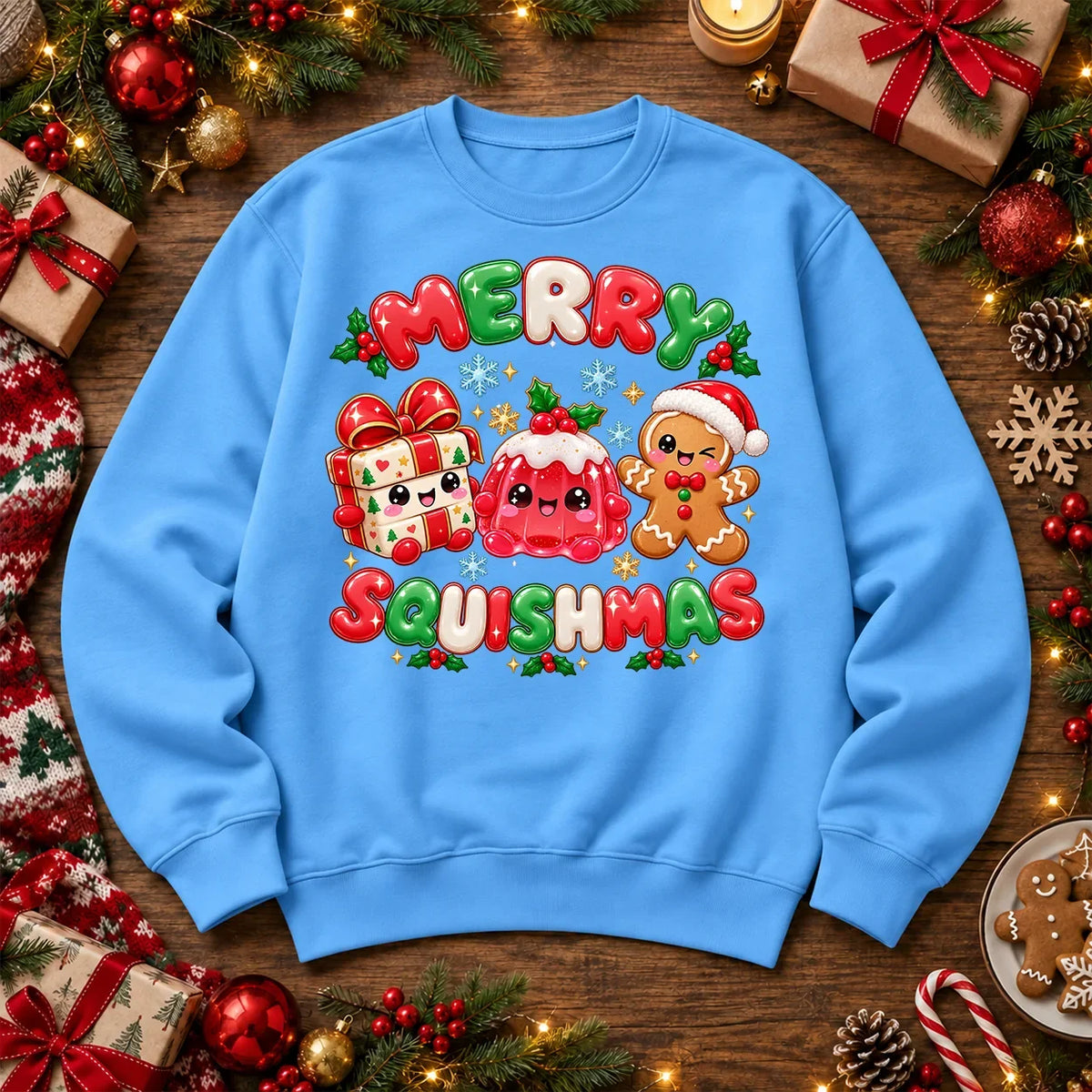 merry squishmas Christmas jumper in Sky Blue, matching original Printora festive design