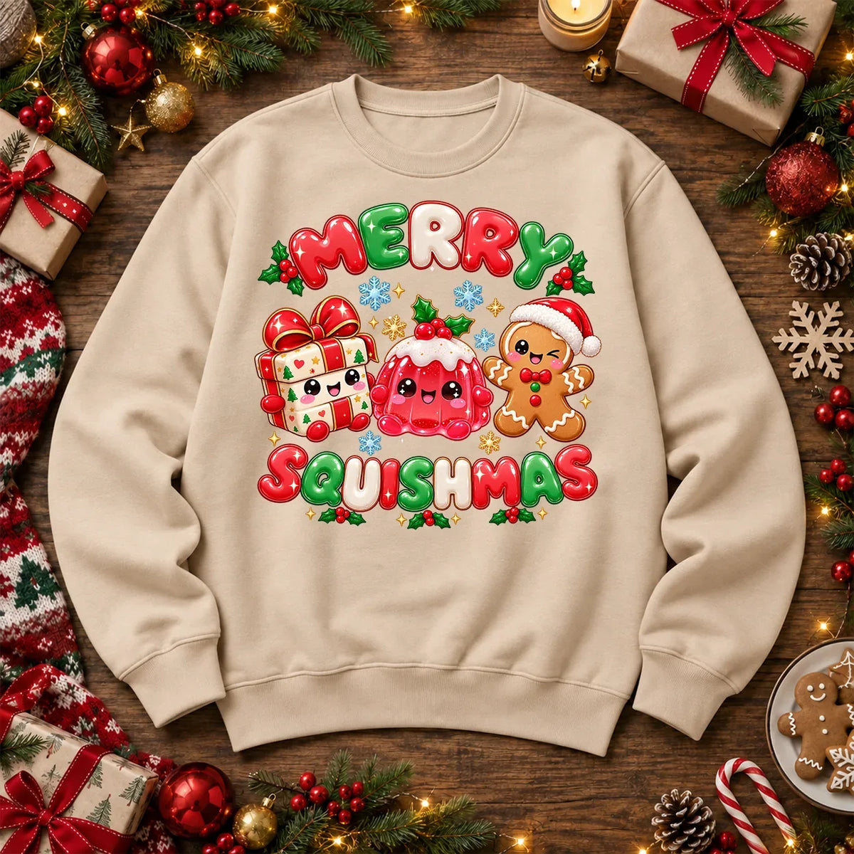 merry squishmas Christmas jumper in Stone, matching original Printora festive design