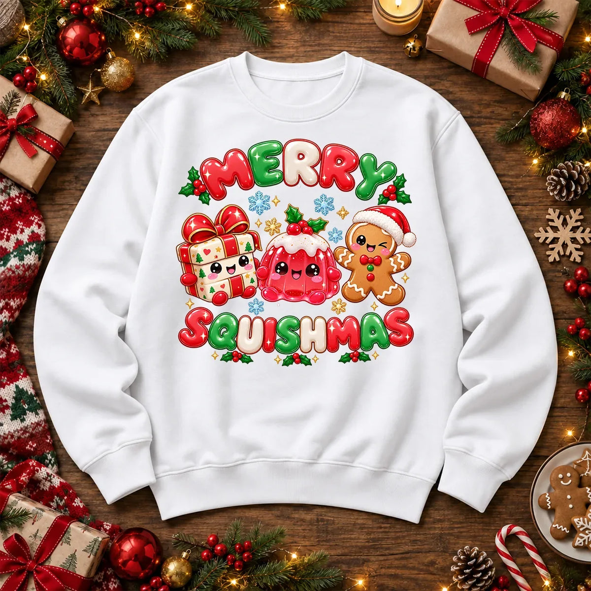 merry squishmas Christmas jumper in White, matching original Printora festive design