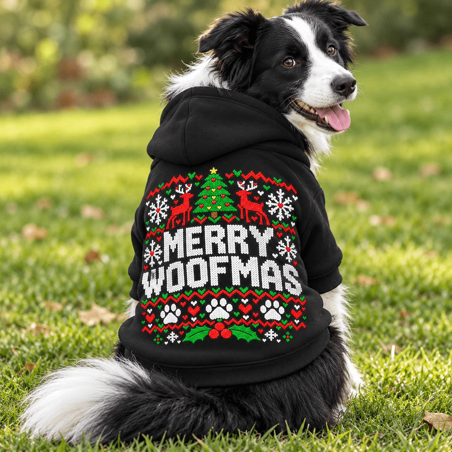 Black Merry Woofmas dog Christmas hoodie with festive print on back