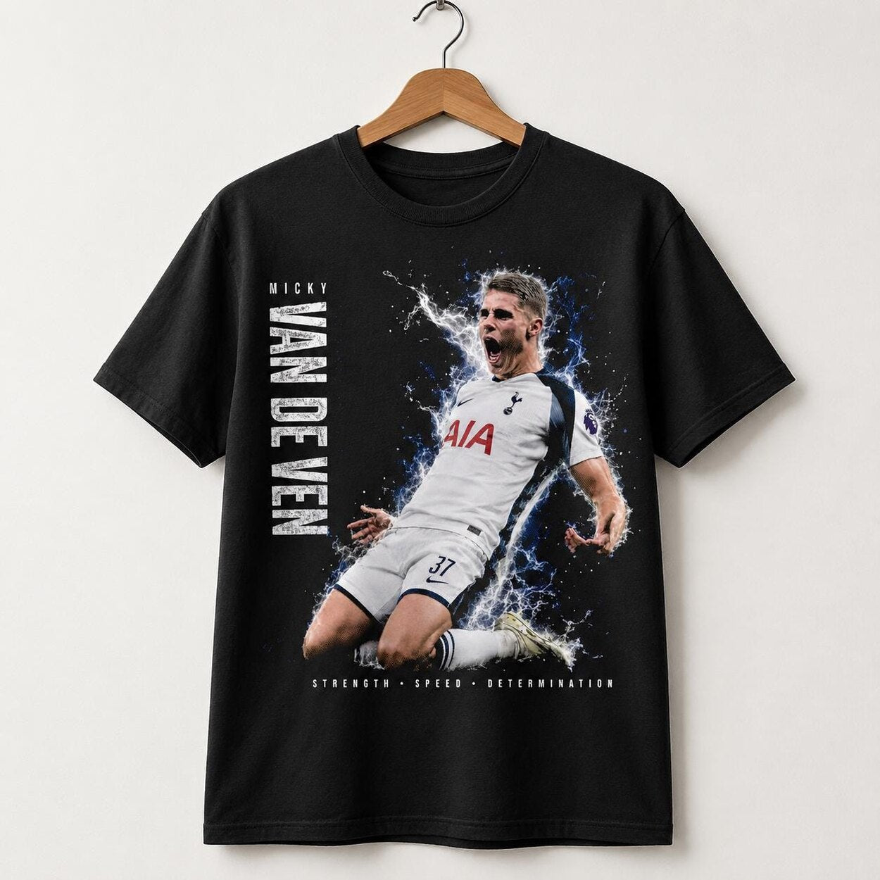 Micky van de Ven inspired black football fan T-shirt on hanger