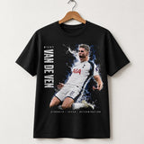 Micky van de Ven inspired black football fan T-shirt on hanger