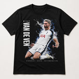 Micky van de Ven inspired black football graphic T-shirt flat lay