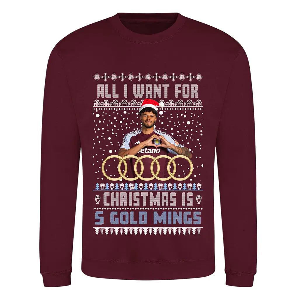 Claret Tyrone Mings 5 Gold Mings Aston Villa Christmas jumper