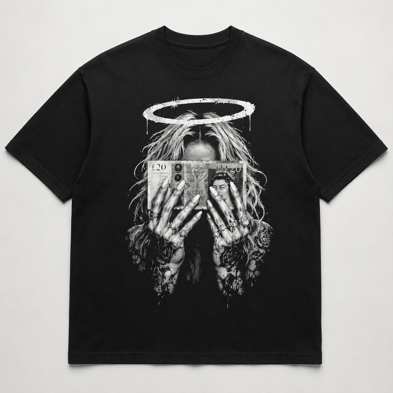 Money halo gothic graphic black T-shirt flat lay