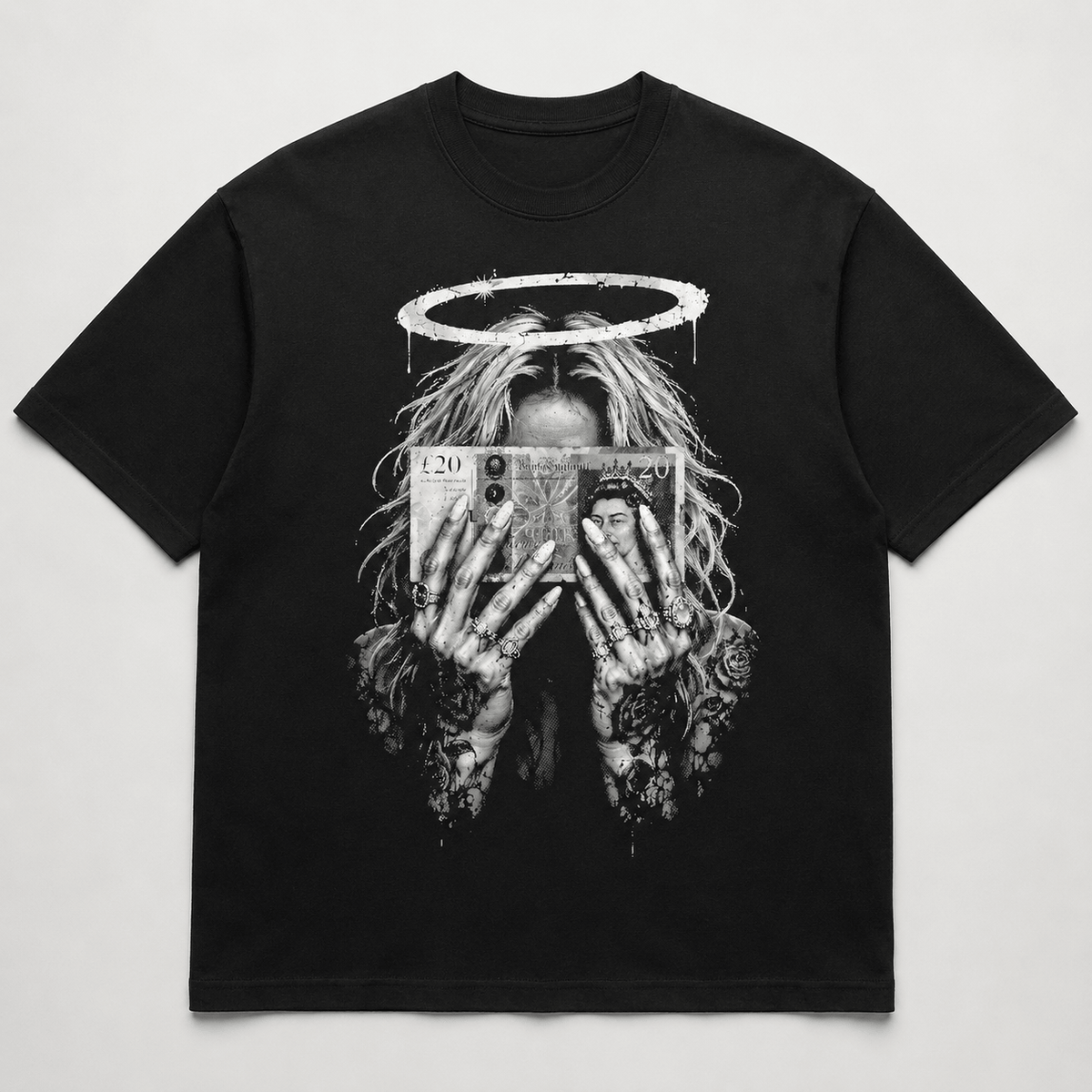 Money halo gothic graphic black T-shirt flat lay
