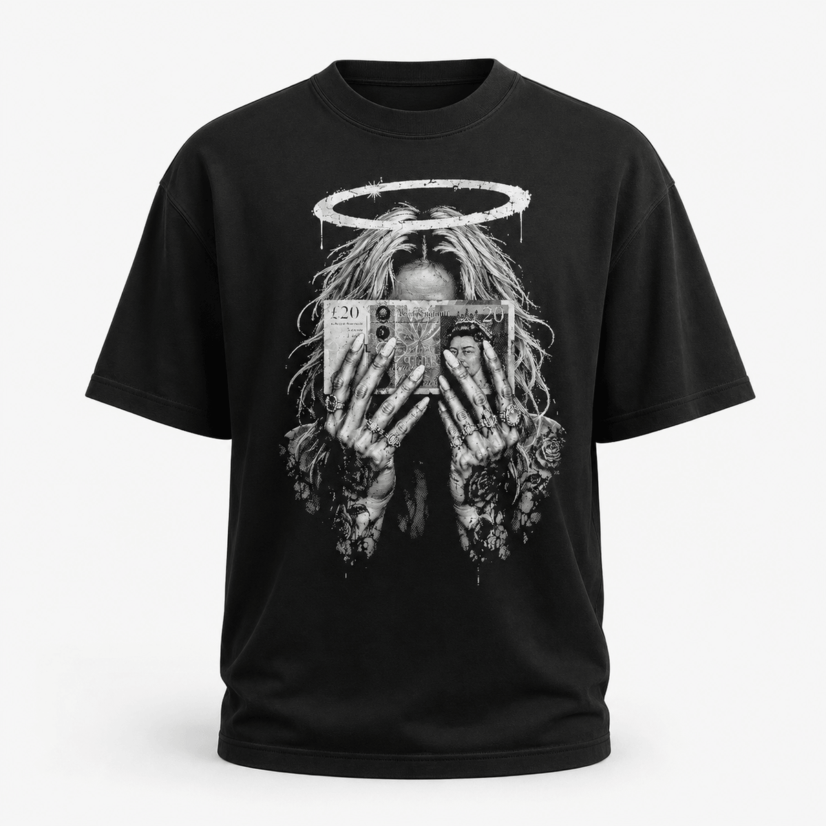 Money halo gothic black T-shirt ghost mannequin mockup
