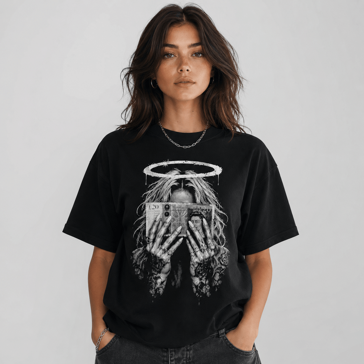 Female model wearing money halo gothic black graphic T-shirt