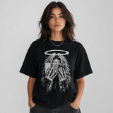 Female model wearing money halo gothic black graphic T-shirt