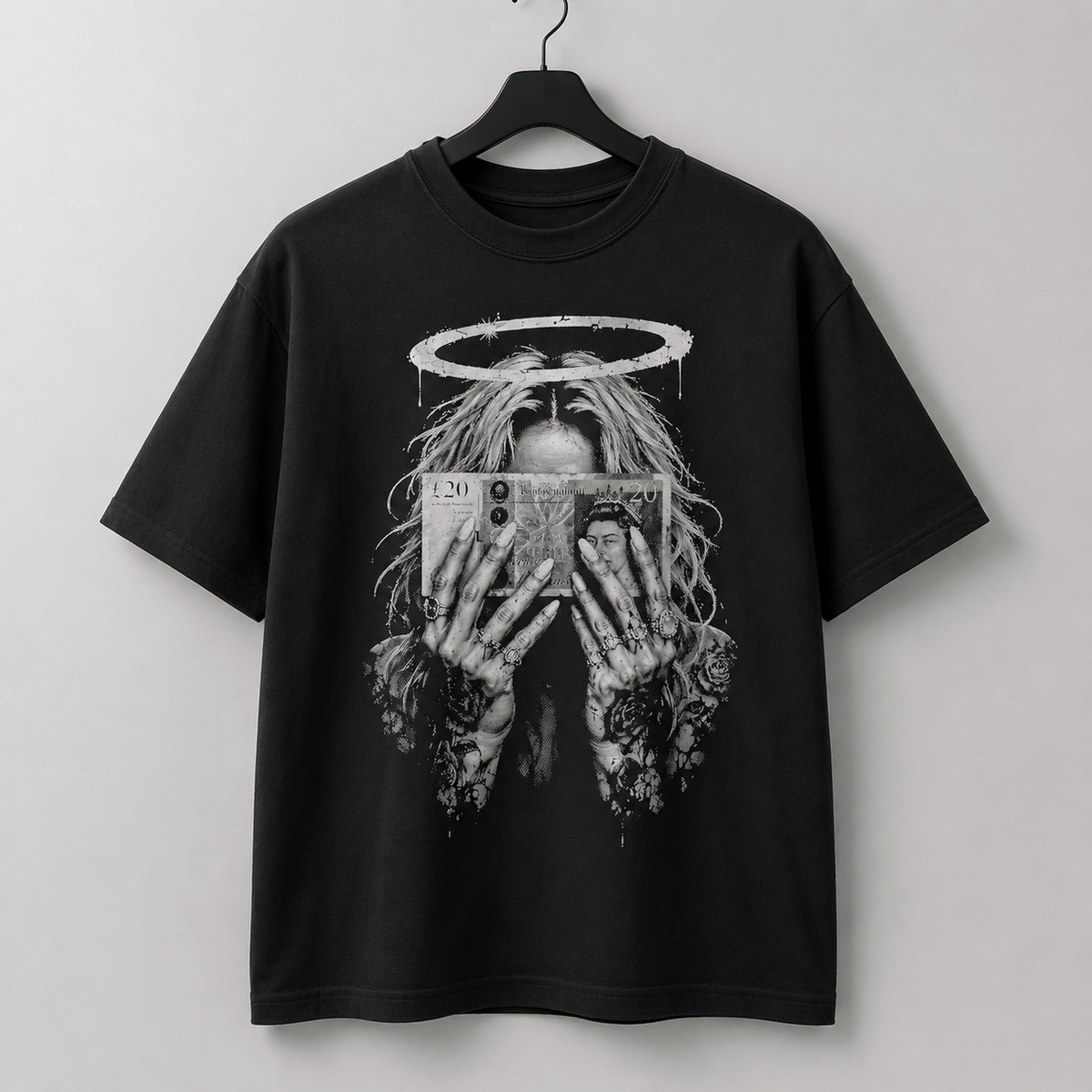 Money halo gothic black graphic T-shirt hanger mockup