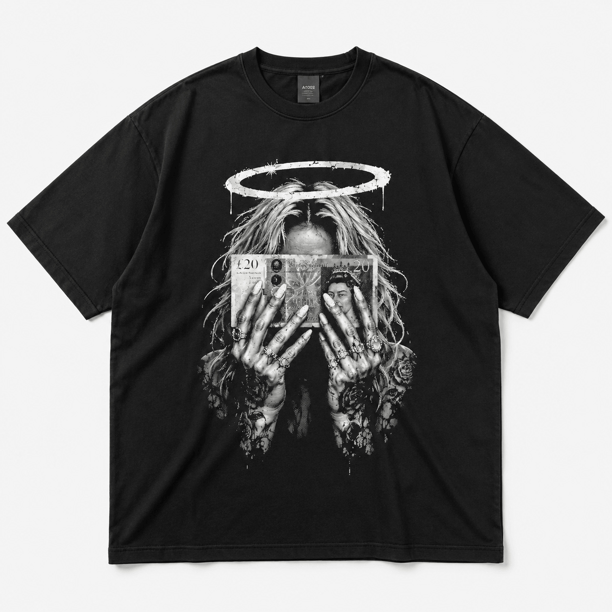 Money halo black adult graphic T-shirt flat lay