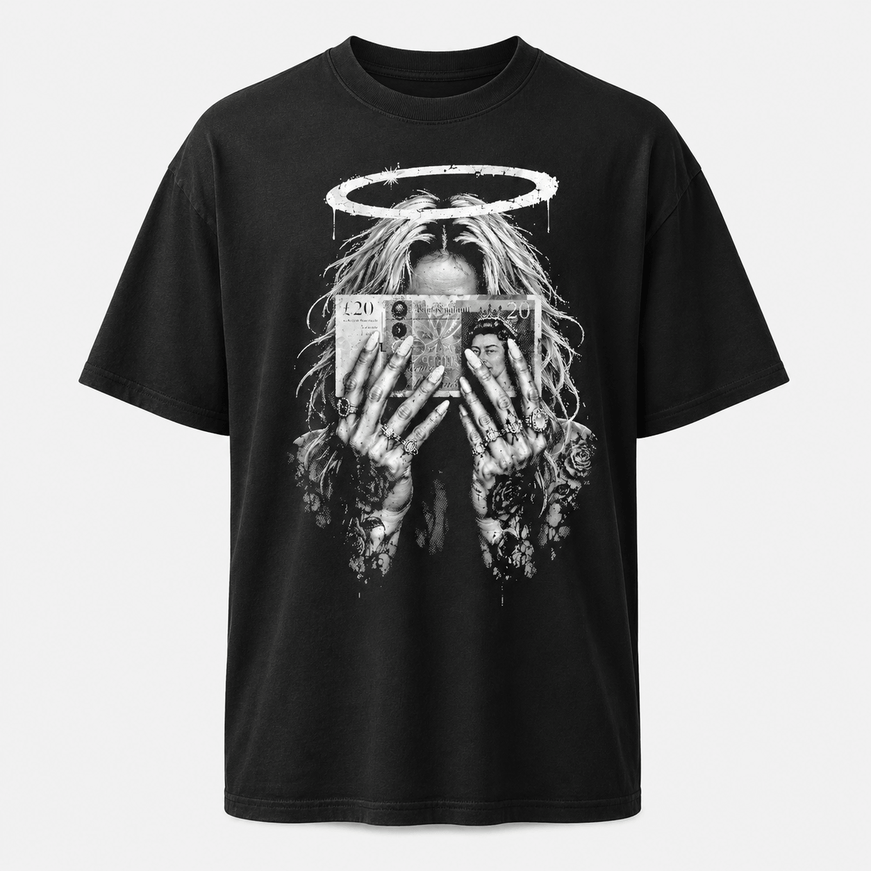 Premium front mockup of money halo gothic black graphic T-shirt