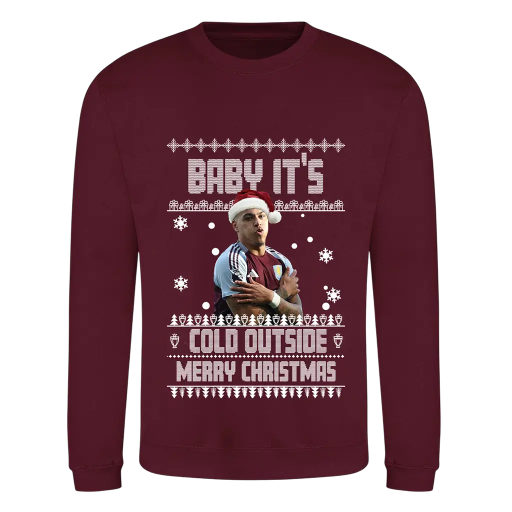 Morgan Rogers Christmas Jumper for Aston Villa Fans "Baby It's Cold Outside" Celebration