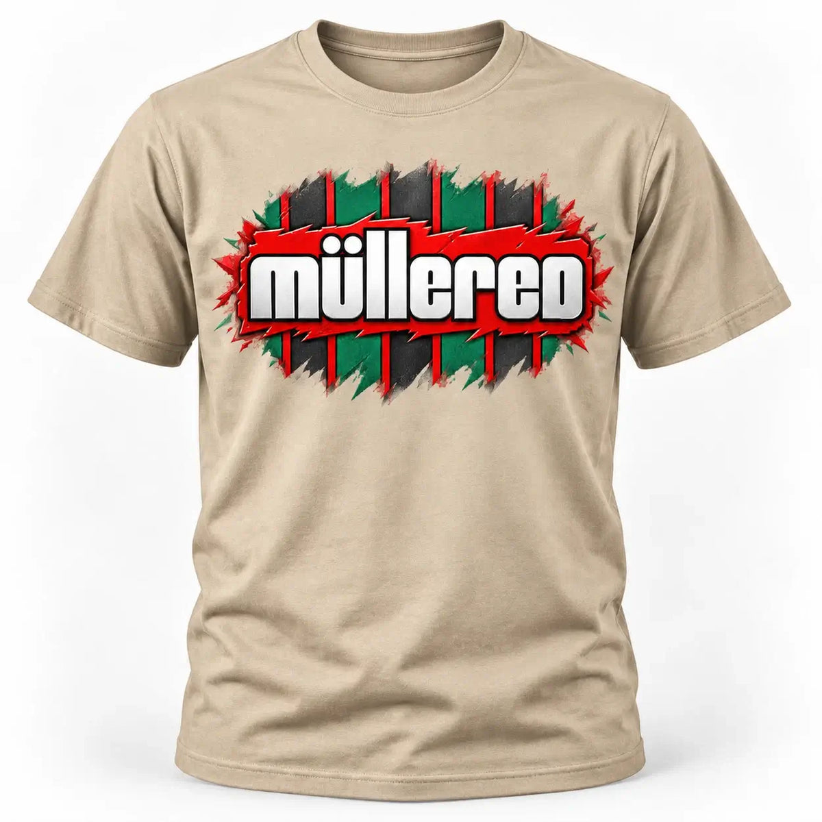 Müllered retro 90s football-inspired T-shirt – Desert Sand, central chest graphic