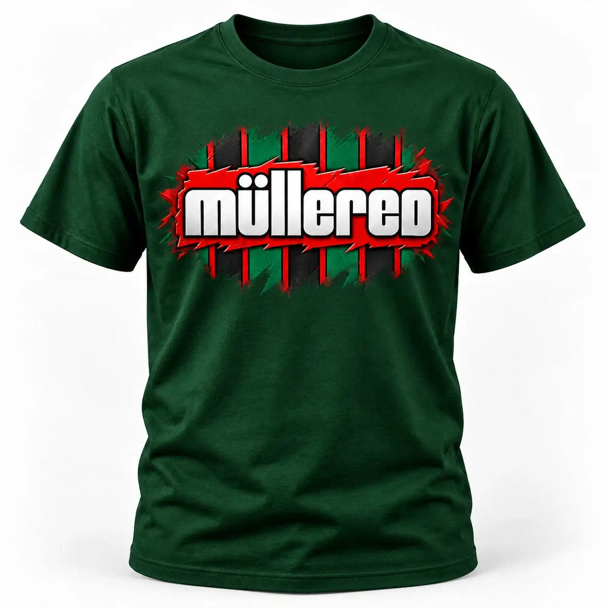 Müllered retro 90s football-inspired T-shirt – Bottle Green, central chest graphic