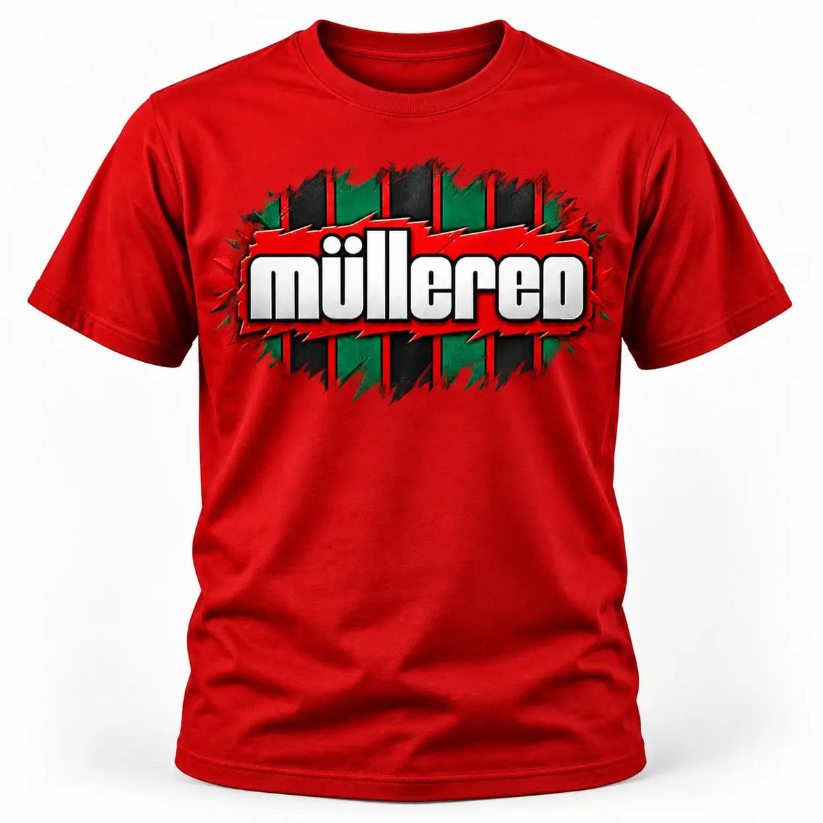 Müllered retro 90s football-inspired T-shirt – Fire Red, central chest graphic