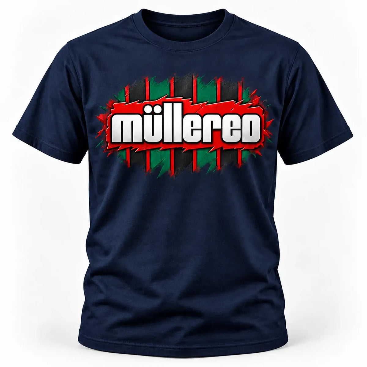 Müllered retro 90s football-inspired T-shirt – New French Navy, central chest graphic
