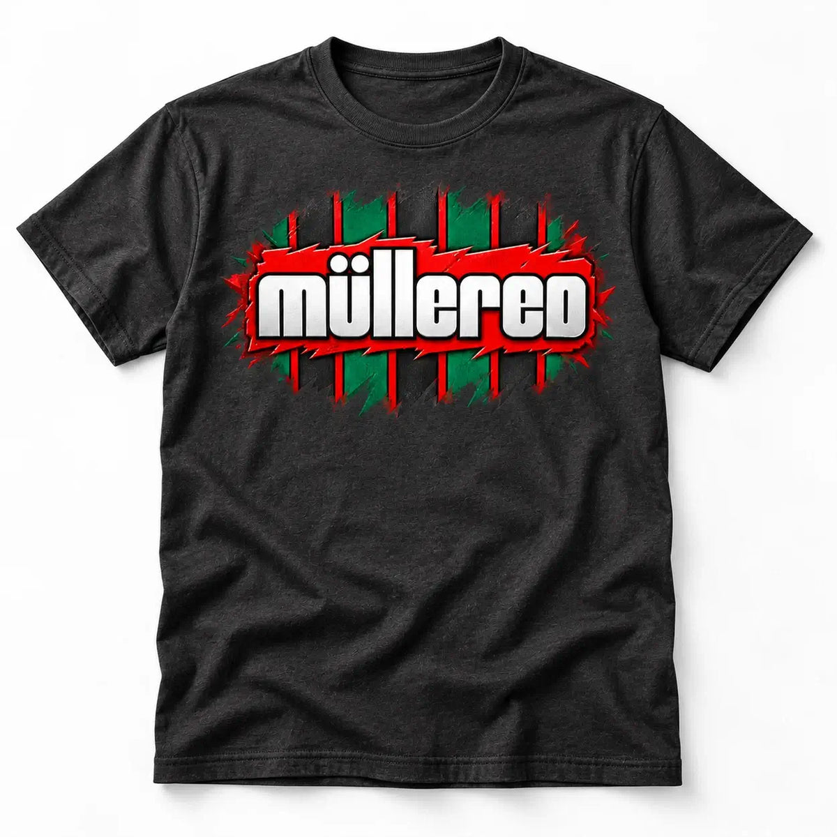 Müllered retro 90s football-inspired T-shirt – Solid Charcoal flat lay, central chest graphic