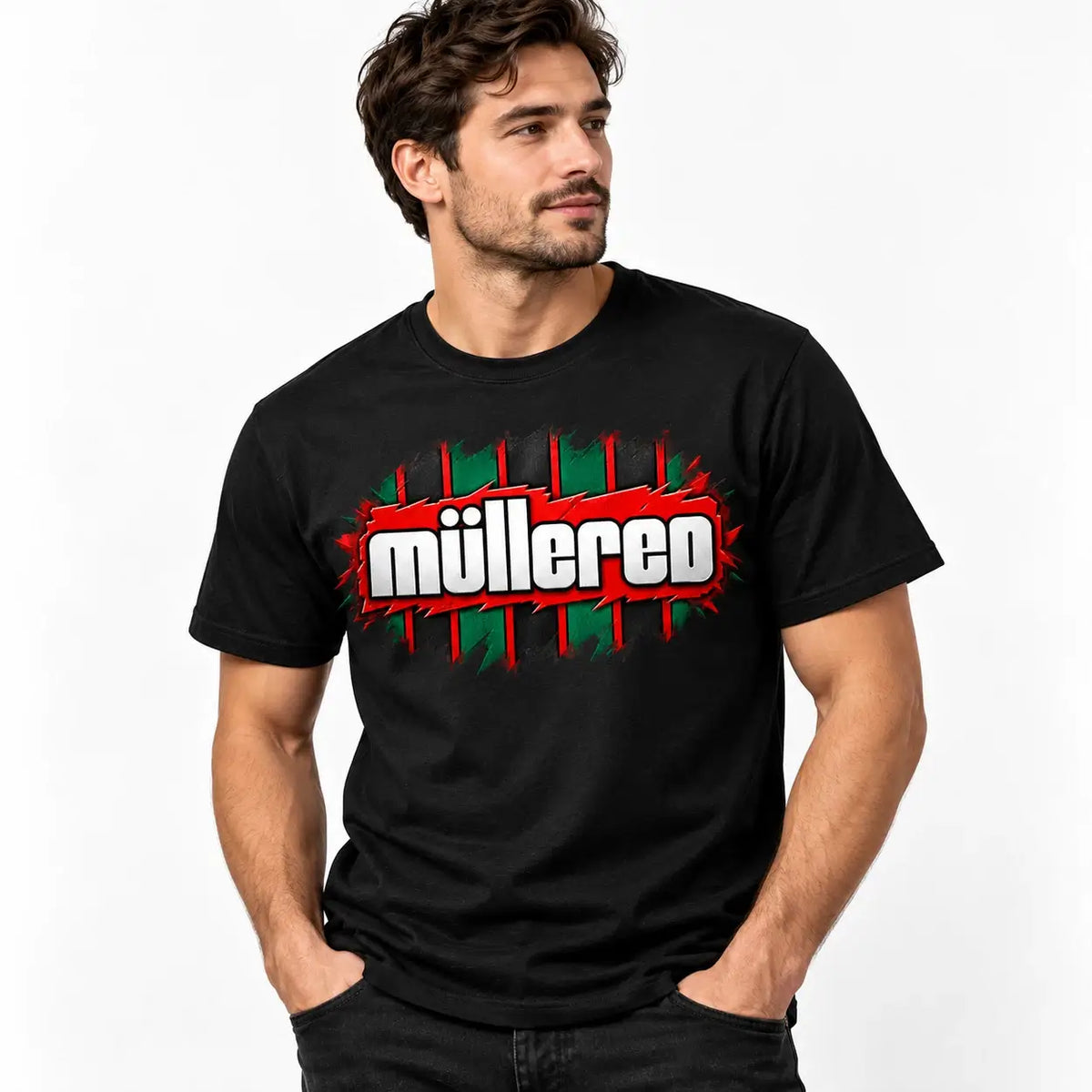 Müllered retro 90s football-inspired T-shirt – Black lifestyle, central chest graphic