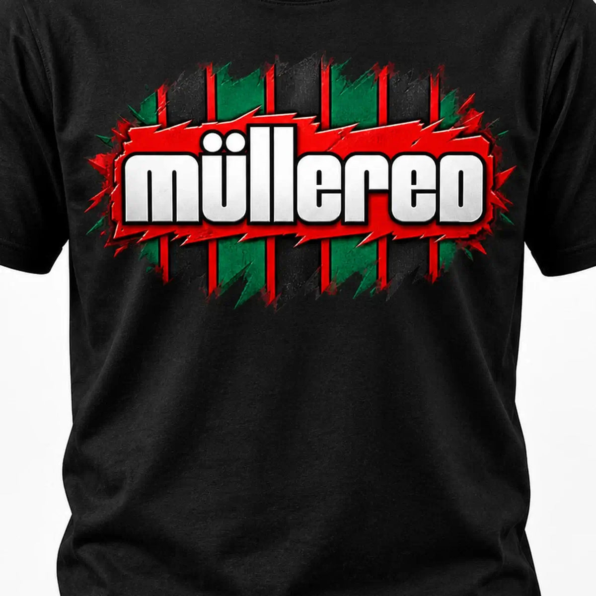 Müllered retro 90s football-inspired T-shirt – Black print close up, central chest graphic