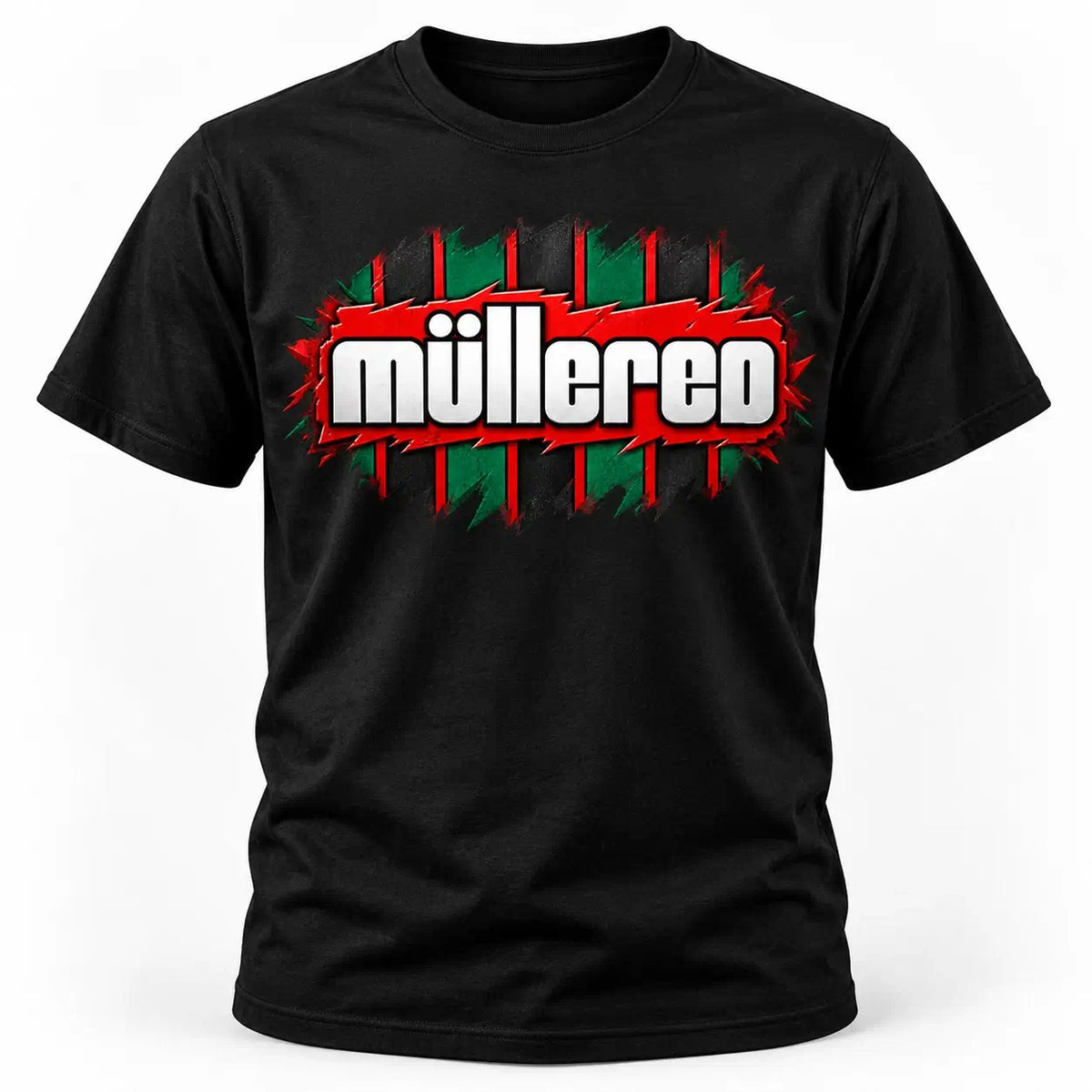 Müllered retro 90s football-inspired T-shirt – Deep Black, central chest graphic